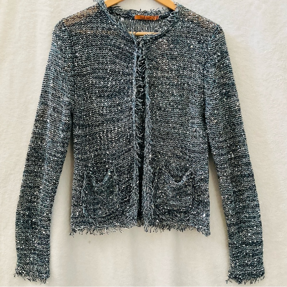 🌼4/$10🌼 NWT BELLDINI Textured Knit Open Cardigan | Sequins Sparkle Blue & Brown